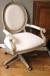 Modern Version Of Louis XVI Light Wood Swivel Armchair In Linen Fabric.