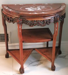 Exotic Demi Lune Chinese Carved Hardwood Table With Mother Of Pearl Inlay & Carved Border