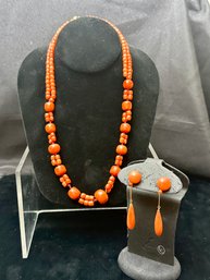 Antique 20.5 Inch Red Coral Necklace With 14K YG Floral Clasp Plus Pair Of Dangling Coral Earrings