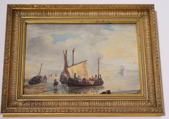 Small Antique European Oil Painting Of Fishing Vessels Arriving At The Beach, In A Giltwood Frame.