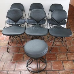 Six Contemporary Eames Style Wire Metal Chairs With Bikini  Cushions And An Additional Stool.