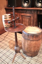 3 Vintage Items Include Small Wood Side Table Sandeman Scotch Coin Bank & Vintage Wood Barrel