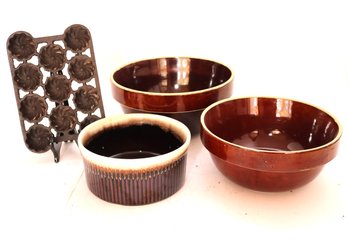 Primitive Stoneware Mixing Bowls In A Root Beer Brown Tone Includes Vintage Cast Iron Baking Mold