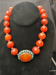 Vintage 15.5 Inch Faceted Carnelion Beaded Necklae With Carnelion And Turquoise Fixed Pendant