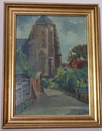 Signed Oil On Board An Ancient Stone Cathedral And Tree Lined Walkway.