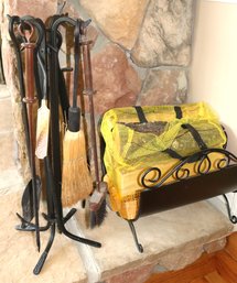 Wrought Iron Fireplace Tool Set With A Stand Includes Log Holder