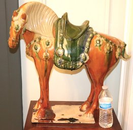 Vintage Chinese Ceramic Pottery Tang Style Horse With Green & Brown Colors