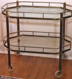 Vintage Brass Octagonal Cocktail/serving Cart With Glass Inserts And Casters, Really A Fabulous Vintage Piece