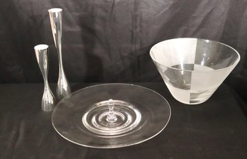Steuben Serving Plate, Nautical Salad Bowl And Nambe Flare Candlesticks.
