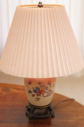 Painted Milk Glass Lamp With Pleated Shade.