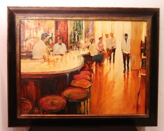 Contemporary Painting Of A Cosmopolitan Bar Scene In A Wide Black Frame.