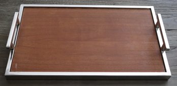 Contemporary Multipurpose Veneered Wood Tray With Chrome Frame And Handles
