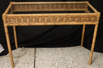 Contemporary Wicker Wrapped Console Table With Glass Top