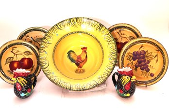 Large Serving Bowl With Rooster Detailing By Jay Import, Includes Italian Ceramic Lombrica Rooster Set