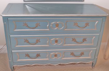 Pretty French Style Teal Painted Chest,  Silver And Gold Trim From Mt Airy Furniture With Tongue And Groove