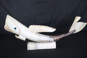 Hand Carved Natural Horn In The Shape Of Open-mouthed Fish With  Green Glass Eyes.