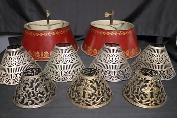 An Assortment Of Vintage Lampshades With Two Hand, Painted Tole Shades, And A Variety Of Metal Smaller Lamps