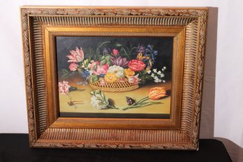 Still Life Painting Of Dutch Style Floral Bouquet In A Basket With Butterfly And Dragonfly.
