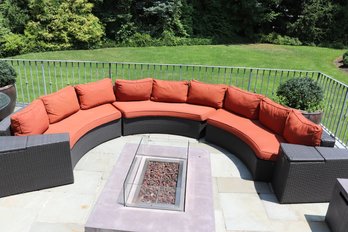 Frontgate 5-piece Outdoor Rattan Curved Sectional With Storage Ends & Persimmon-colored Pillows