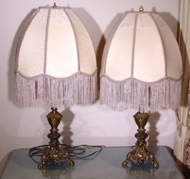 Fabulous Pair Of Vintage Brass & Glass Boudoir Style? Table Lamps With A Silk Style Tassel Shade