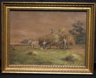 Small Watercolor, Depicting, Farmers With Hay Wagon, In A Gold Frame