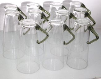 Lot Of 11 Tall Hand- Blown Cocktail Glasses With Green Glass Handles.