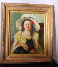 Portrait Of A Young, Pretty Girl In Summer Dress And Hat With A Black Cat On Her Lap.