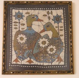 Vintage Batik Fabric Art Of Two Ducks In Carved Gold Frame.
