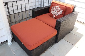 Frontgate Furniture Outdoor Rattan Armchair & Ottoman With Persimmon Color Pillows