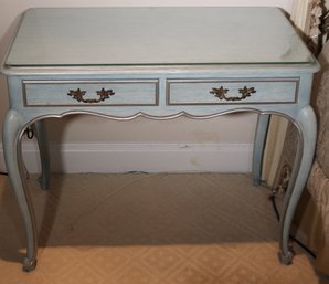 Vintage French Style Desk Painted Teal With Silver And Gold Painted Trim And A Protective Glass Top
