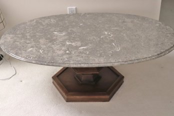 1950s Era Imperial Furniture Polished Oval Gray Marble Coffee Table On Hexagonal Wooden Base.