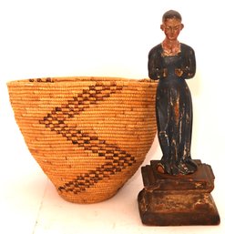 Vintage Handwoven Basket Made In Kenya & Antique Carved Wood Figure