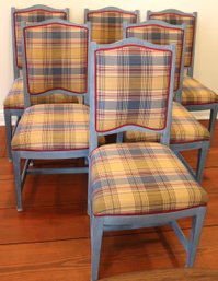 Set Of 6 Country French Ladder-back Dining Chairs Painted Blue, With Plaid Upholstery.