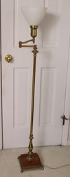 Brass Swivel Arm Floor, Lamp With Milk, Glass, Shade, And Wood Enhancement.
