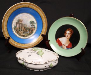 Two 19 Th Century Porcelain Plates And A Limoges France Butterfly Trinket Box