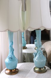 Pair Of Gorgeous Blue Murano Style Table Lamps With Floral Accents