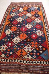 Colorful Vintage Handwoven Kilim, With Overall Diamond Pattern And Complete Border