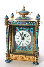 Cloisonne & Brass Clock In The French Style With Painted Porcelain Panels Featuring Beautiful Maidens