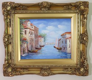 Venice Canal Painting In Ornate Carved Wood Frame Signed By The Artist