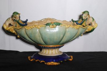 Majolica Style Centerpiece Bowl With Pedestal Base, And Peacock Shaped Handles