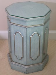 Teal Painted Octagonal Side Table/cabinet With A Protective Glass Top