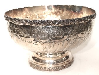 Large Silver-Plated Hand Chased Punch Bowl With Baroque Floral Design Made In England