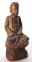 Vintage Carved Wood Figurine Of Chinese Student On Wooden Lotus Flower With Red Dot On Forehead