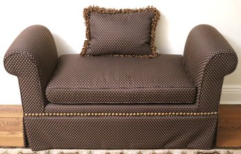 Stylish Custom Brown Rolled Arm Settee With Stud Accents