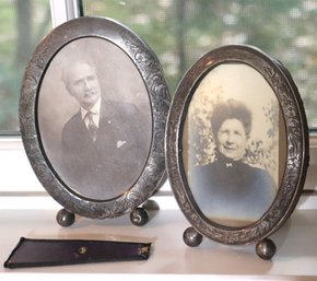 2 Vintage Sterling Silver Picture Frames With Portraits Approximately 4 X 6 Inches
