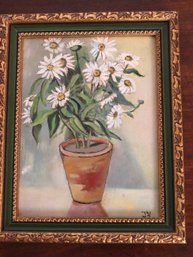 Small Oil On Board Painting Of Daisies In Planter.