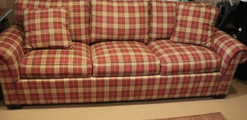 Lee Industries Queen Sofa Bed In Maroon And Tan Plaid Fabric Upholstery