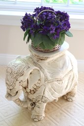 Carved Resin Indian Elephant Pedestal With Decorative Floral Basket Arrangement