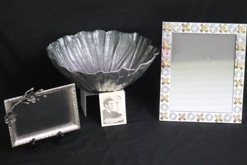 Two Michael Aram Pieces, A Large Pewter And Poppy Bowl, And Dogwood Tray , With A Large Picture Frame With X