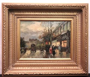 Parisian Street Scene Painting On Canvas In A Wide Giltwood Frame, Signed By Artist.